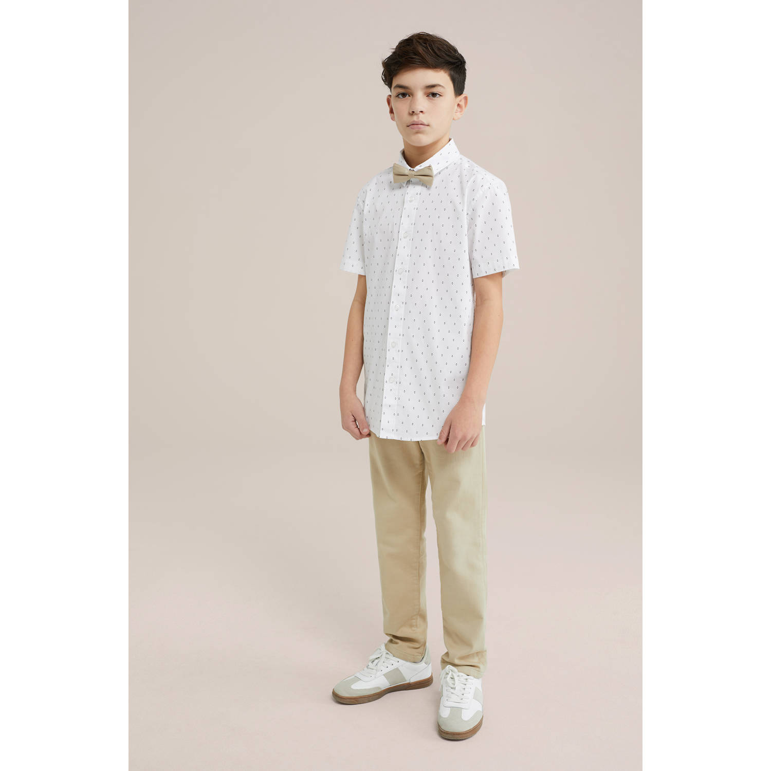 WE Fashion overhemd met vlinderdas wit beige donkerblauw