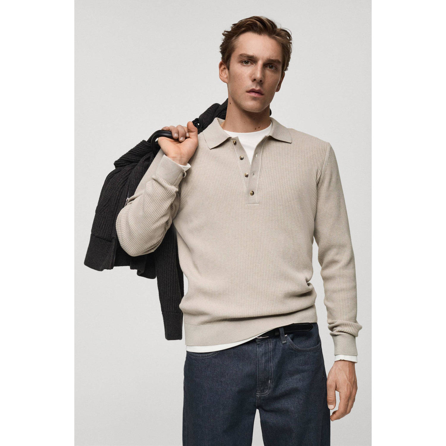 Mango Man trui rib gebreid beige
