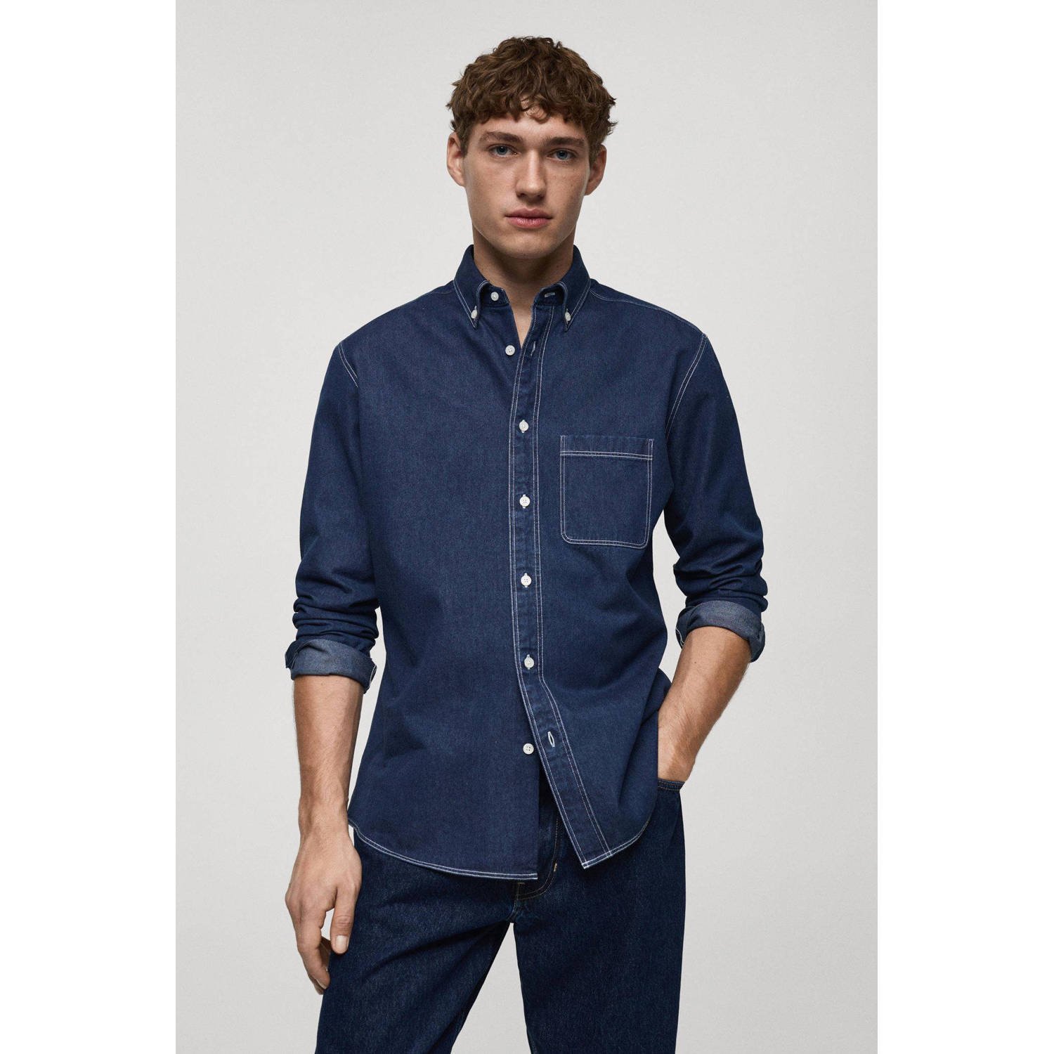Mango Man casual overhemd donkerblauw