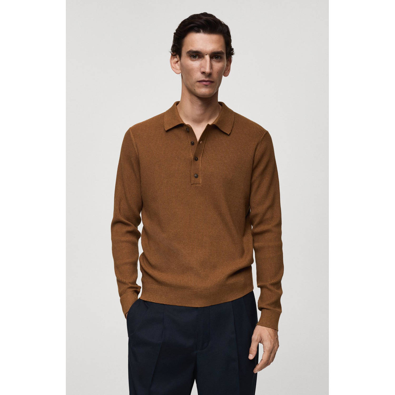 Mango Man trui rib gebreid bruin