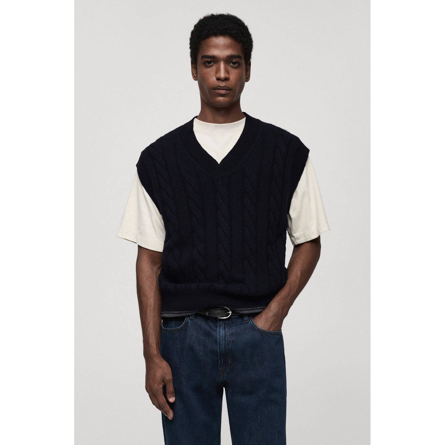 Mango Man spencer met kabels donkerblauw