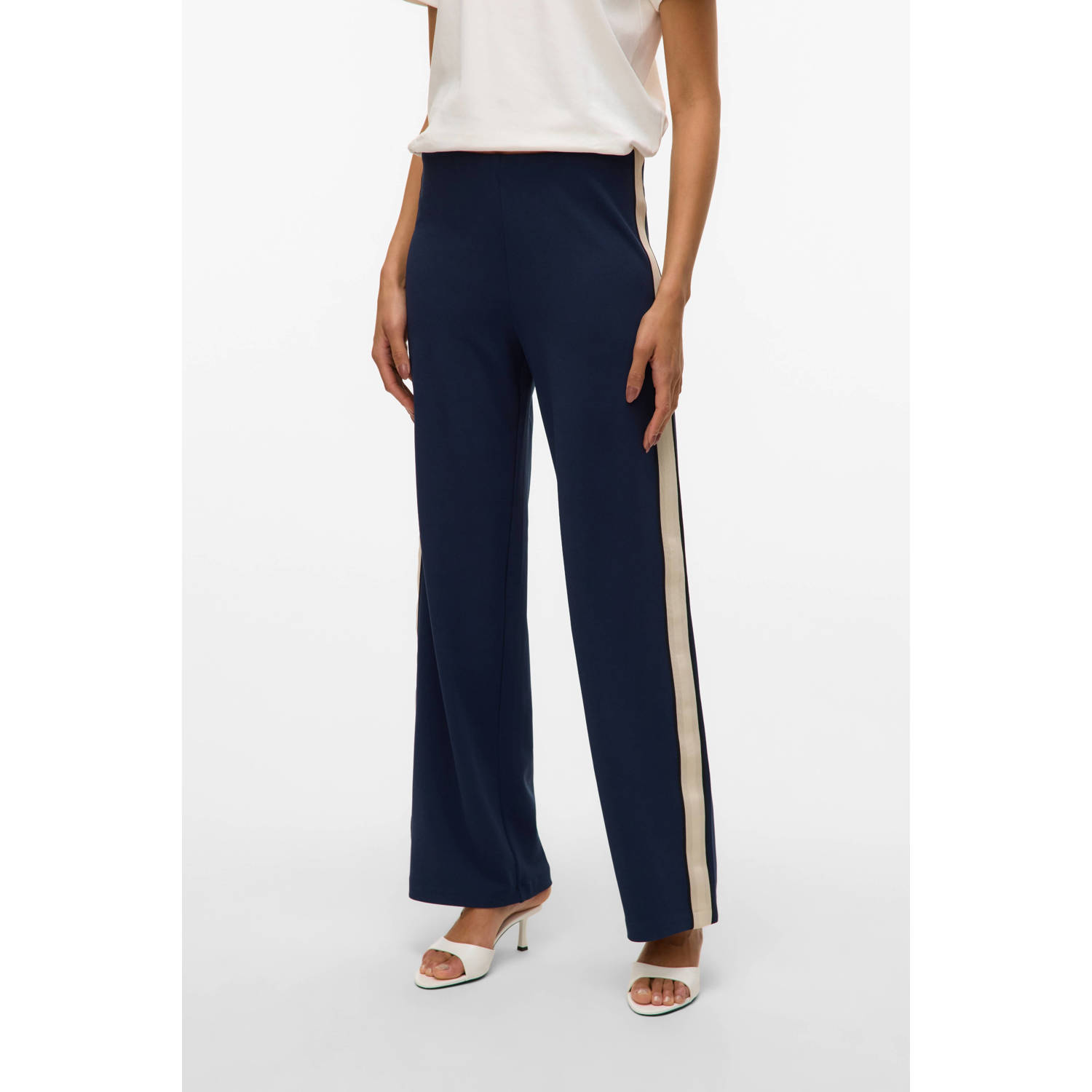 VERO MODA wide leg regular waist broek donkerblauw