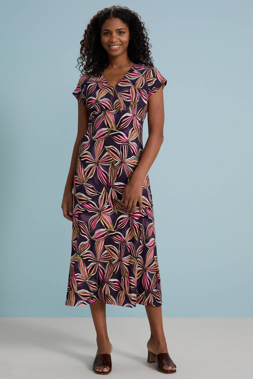 Multi, paars en groene dames Geisha midi jurk van viscose met korte mouwen en V-hals