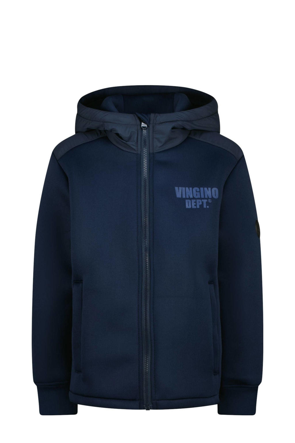 Donkerblauwe jongens Vingino zomerjas van polyester met backprint, lange mouwen, capuchon en ritssluiting