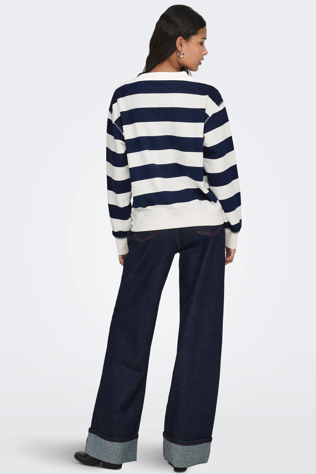 Donkerblauw en witte dames JDY sweater met strepenprint, lange mouwen en ronde hals