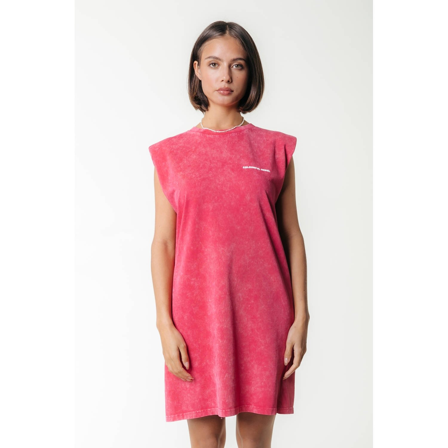 COLOURFUL REBEL Dames Jurken Tropical Beach Tour Acid Wash Padded Dress Sl Roze
