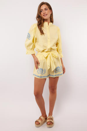 wide leg regular waist casual short lichtgeel broderie