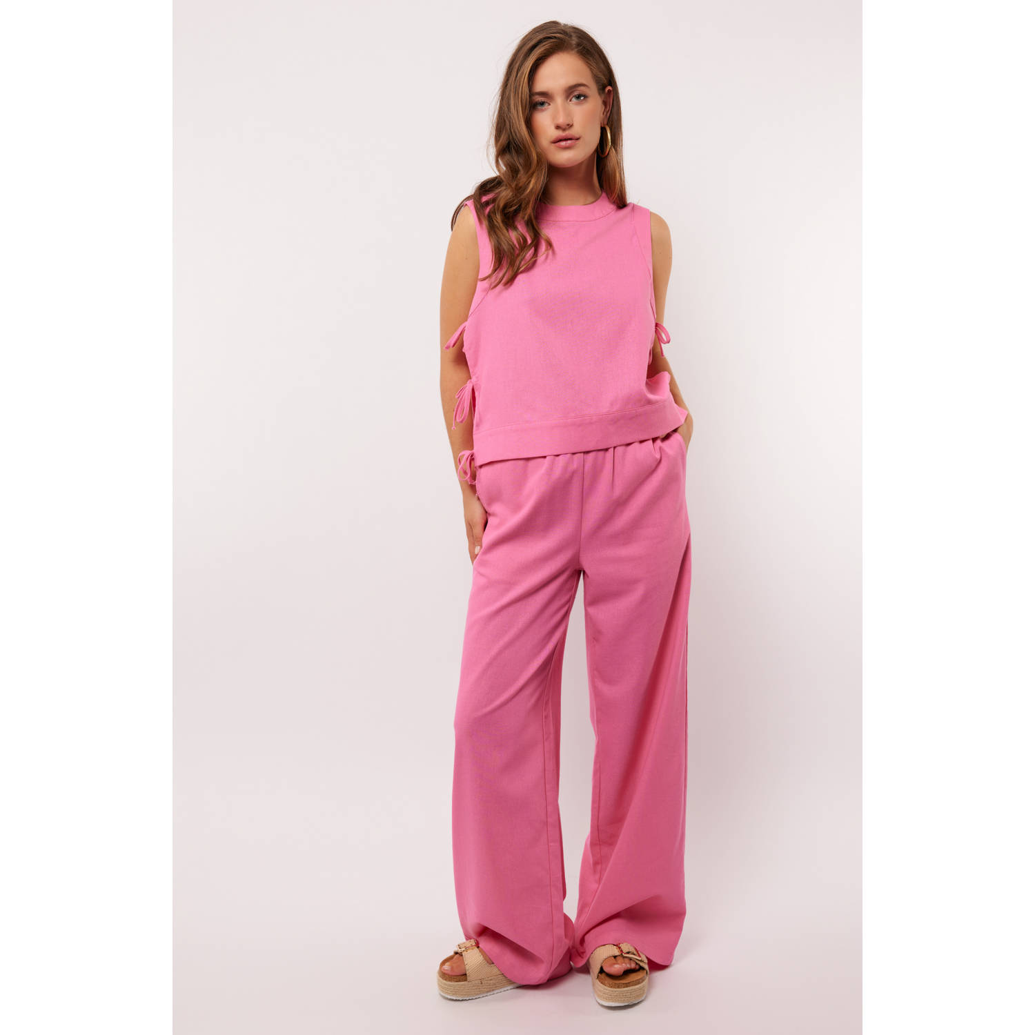 FLURESK linnen wide leg regular waist broek roze