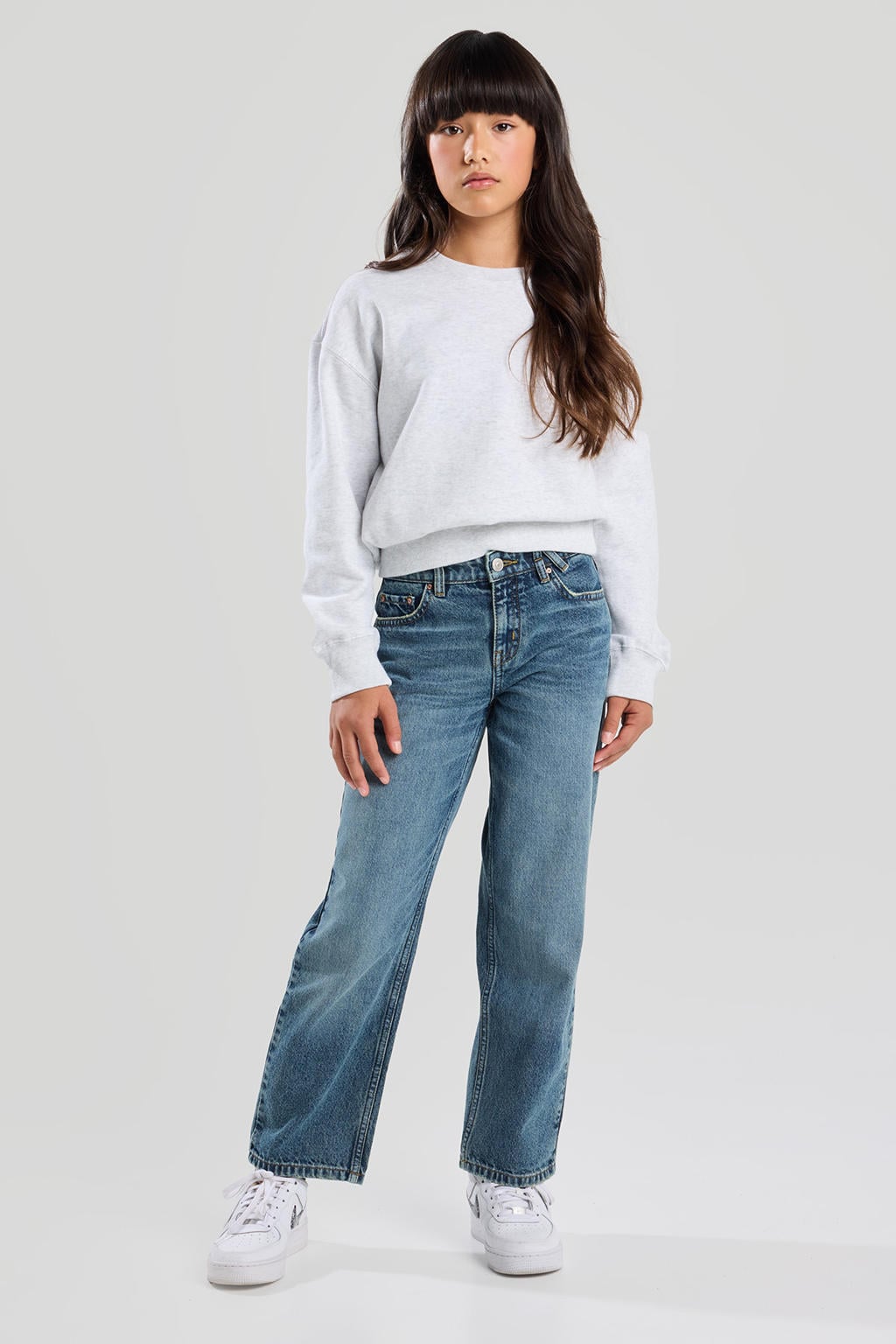 Medium blue denim meisjes America Today low waist loose fit jeans van denim met effen