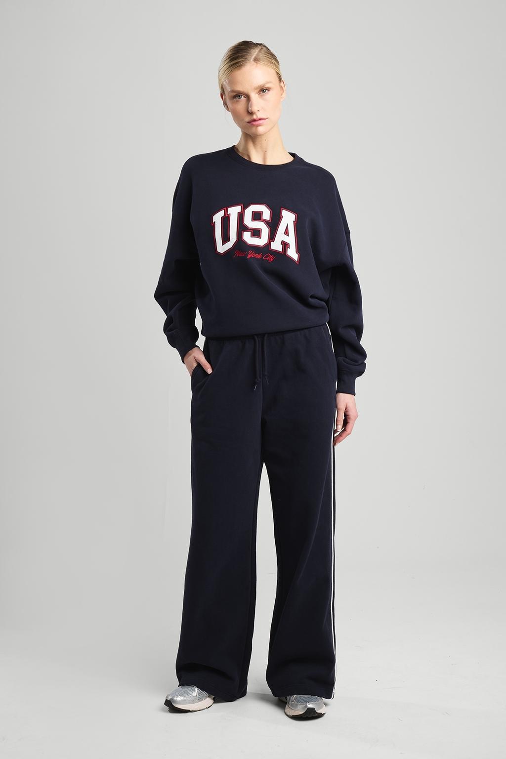 Donkerblauwe dames America Today regular waist casual broek van katoen met loose fit en effen