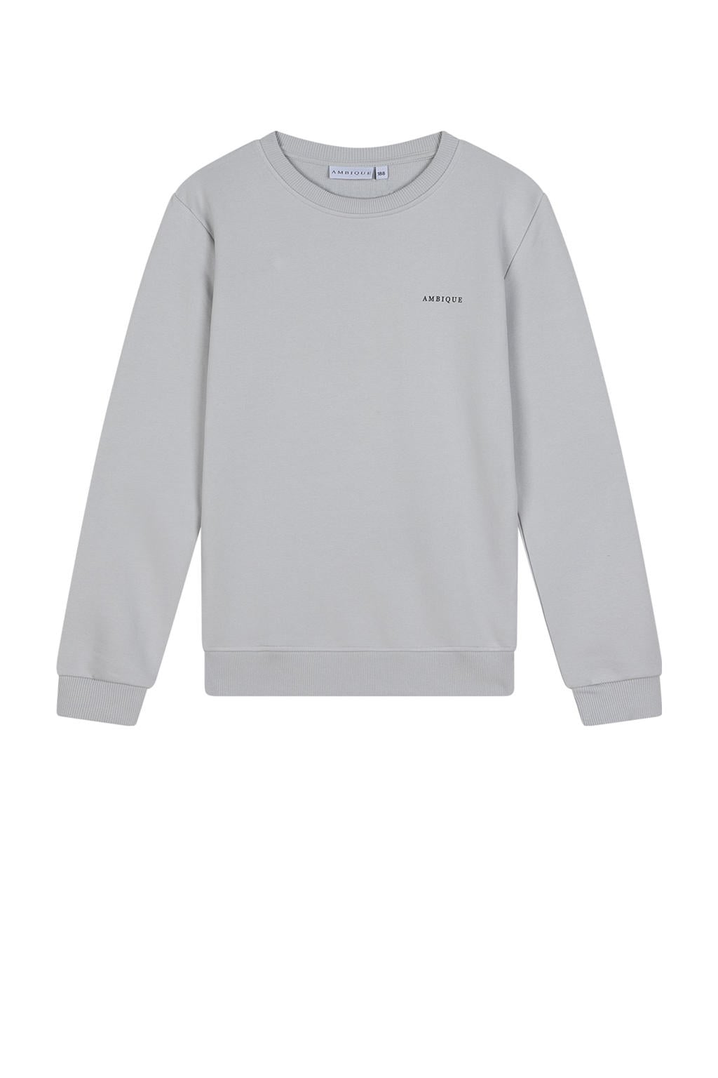 Lichtgrijze jongens Ambique sweater met logo dessin, lange mouwen, ronde hals en geribde boorden