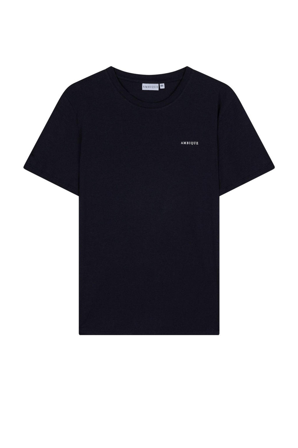 Marineblauwe jongens Ambique -shirt van stretchkatoen met logo dessin, korte mouwen en ronde hals