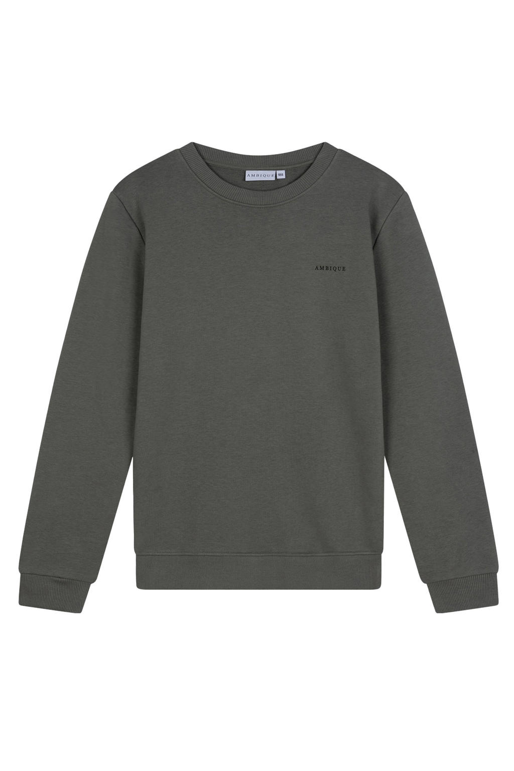 Donkergroene jongens Ambique sweater met logo dessin, lange mouwen, ronde hals en geribde boorden