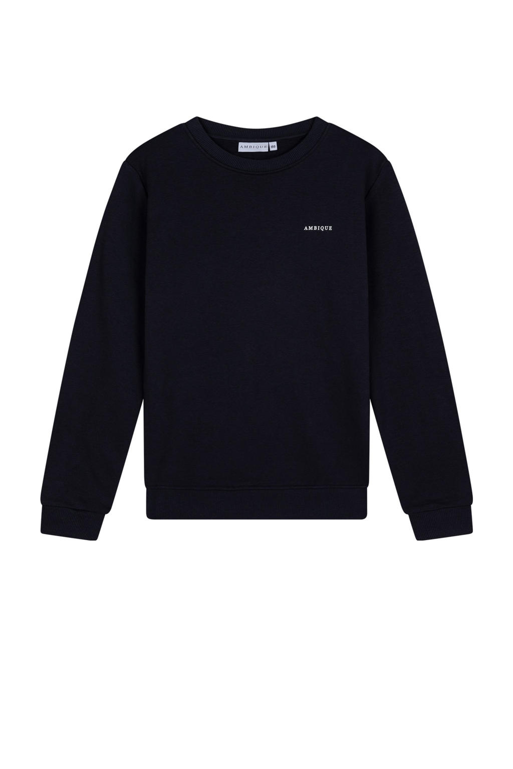 Marineblauwe jongens Ambique sweater met logo dessin, lange mouwen, ronde hals en geribde boorden