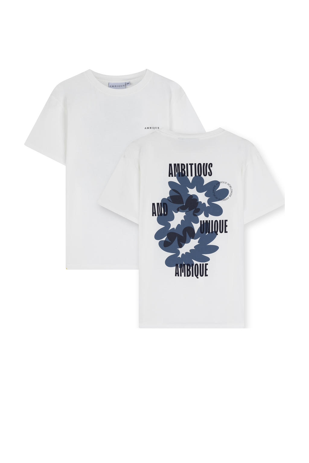 Wit en blauwe jongens Ambique T-shirt van stretchkatoen met backprint, korte mouwen en ronde hals