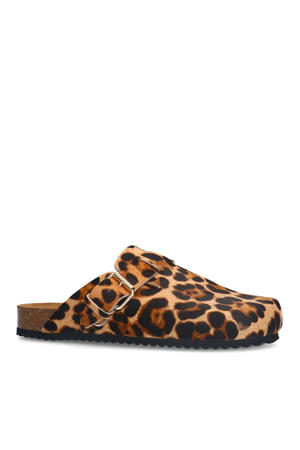 leren clogs met panterprint cognac