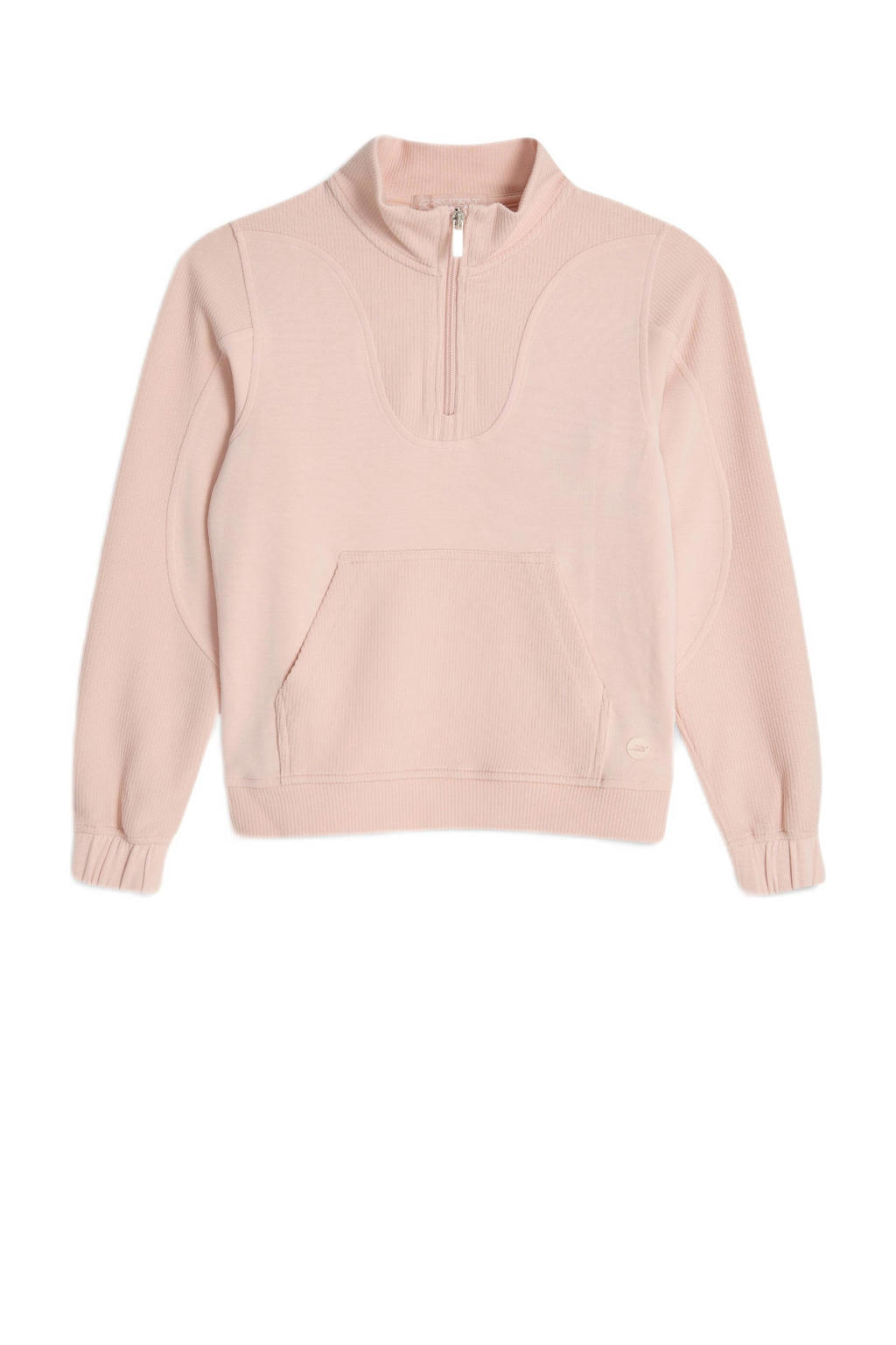 Zalmkleurige meisjes 4PRESIDENT sweater van modal met effen, lange mouwen, opstaande kraag en ritssluiting
