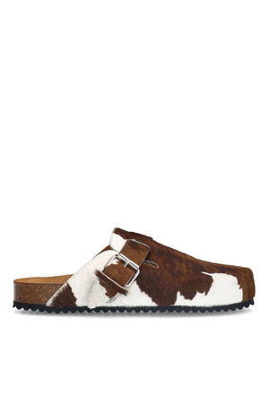 leren clogs met koeienprint cognac
