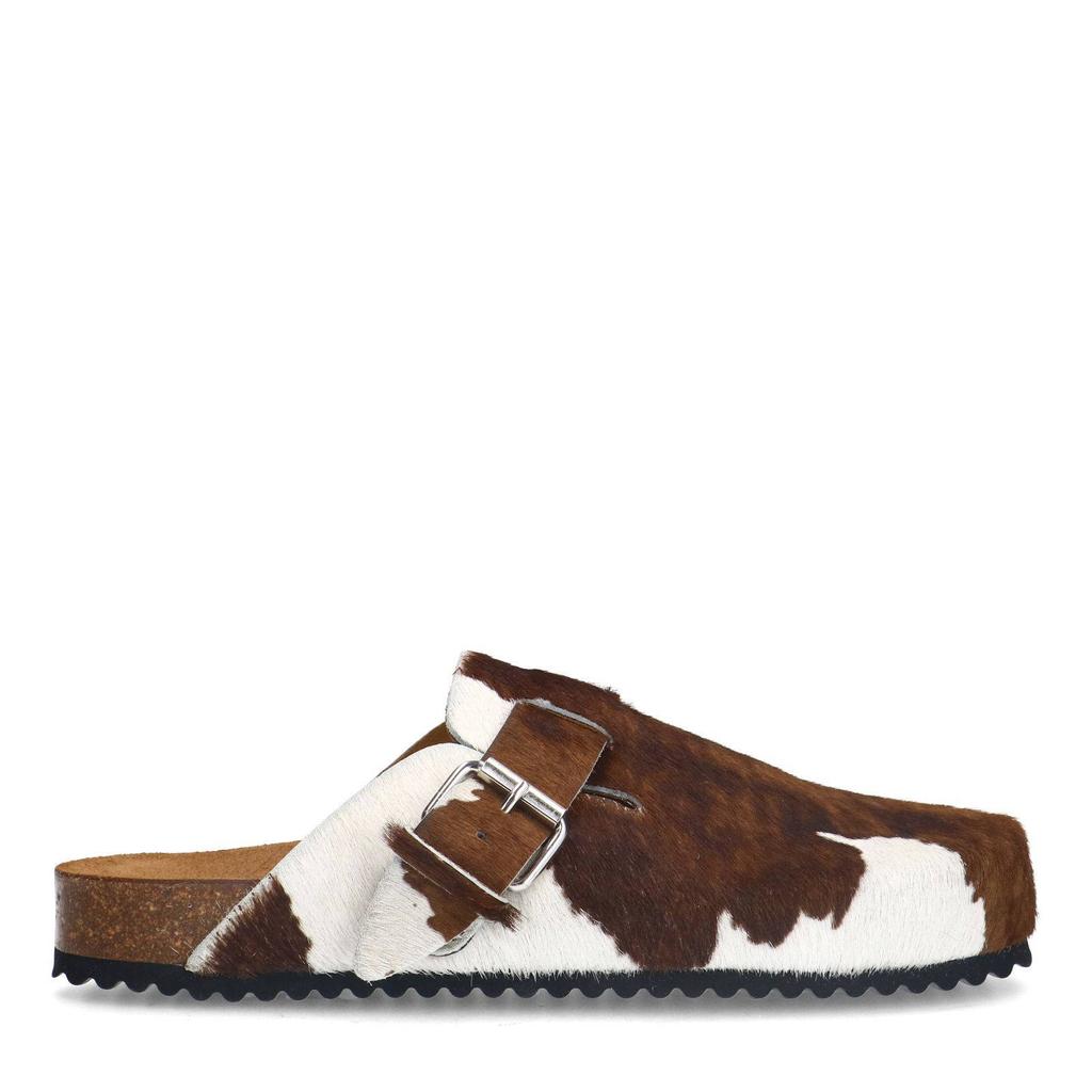 Cognackleurige dames Sacha leren clogs met koeienprint