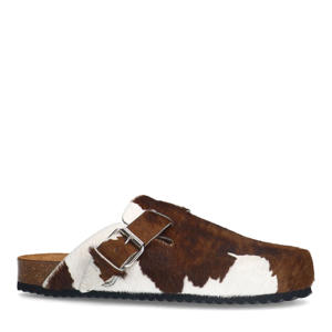 leren clogs met koeienprint cognac