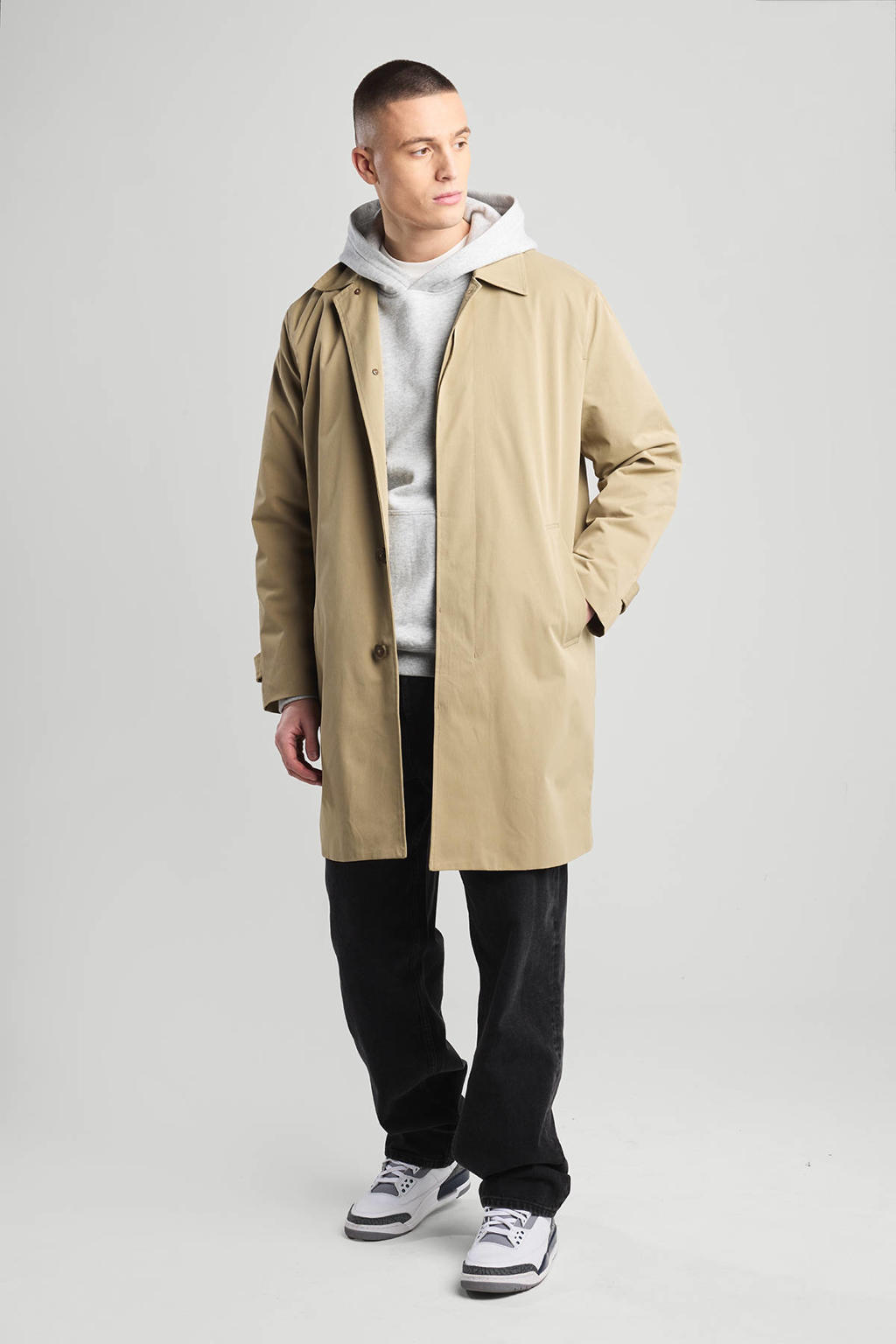 Beige heren America Today manteljas van polyester met effen, lange mouwen, klassieke kraag en knoopsluiting
