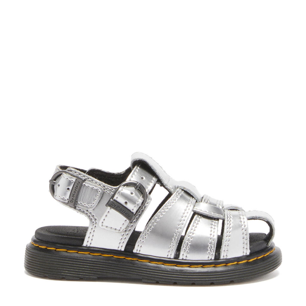 Antraciet en grijze meisjes Dr. Martens Caarys T leren sandalen Silver Metallic Patent Lamper met klittenband