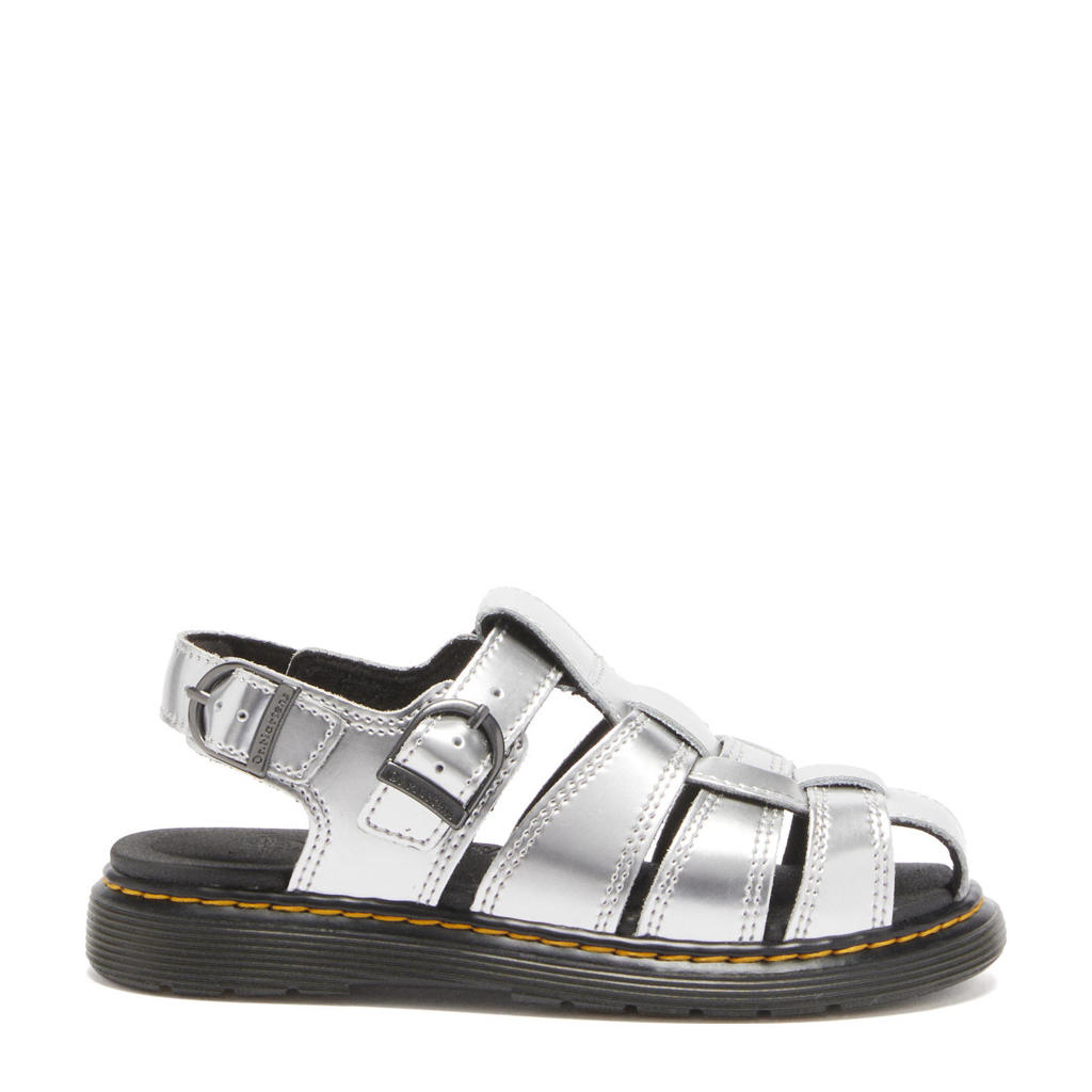 Grijs en antraciete meisjes Dr. Martens Caarys J leren sandalen Silver Metallic Patent Lamper met klittenband