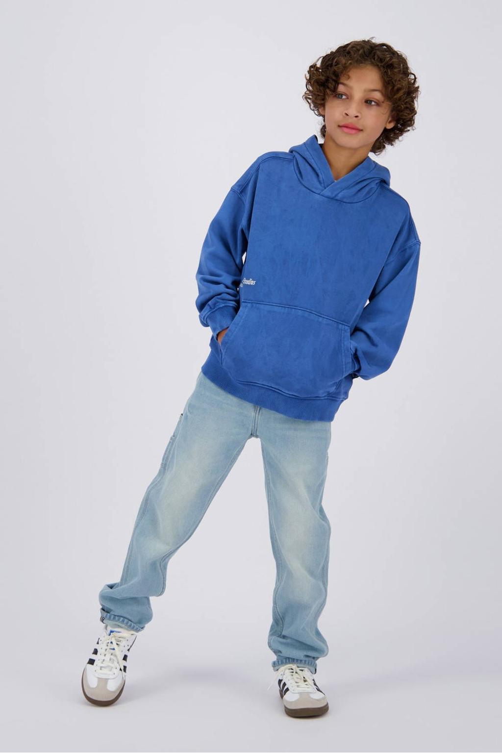 Blauwe jongens Vingino hoodie van sweat materiaal met backprint, lange mouwen en capuchon
