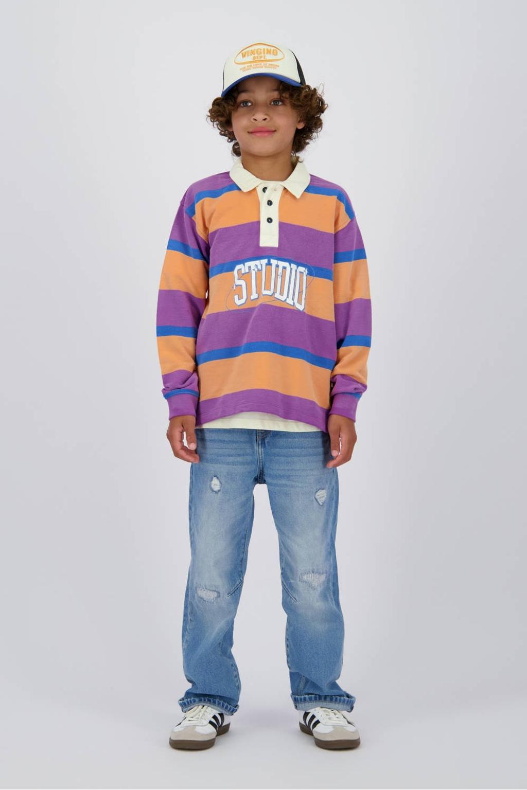 Paars en lichtoranje jongens Vingino sweater met strepenprint, lange mouwen en polo kraag