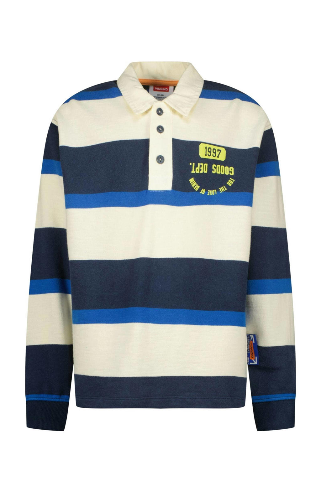 Donkerblauwe jongens Vingino sweater met strepenprint, lange mouwen en polo kraag