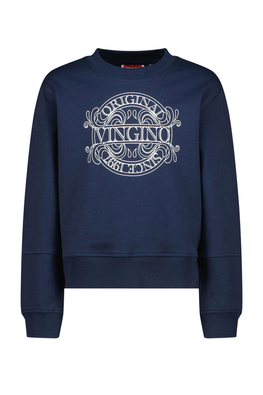Donkerblauwe meisjes Vingino sweater met printopdruk, lange mouwen, ronde hals en geribde boorden