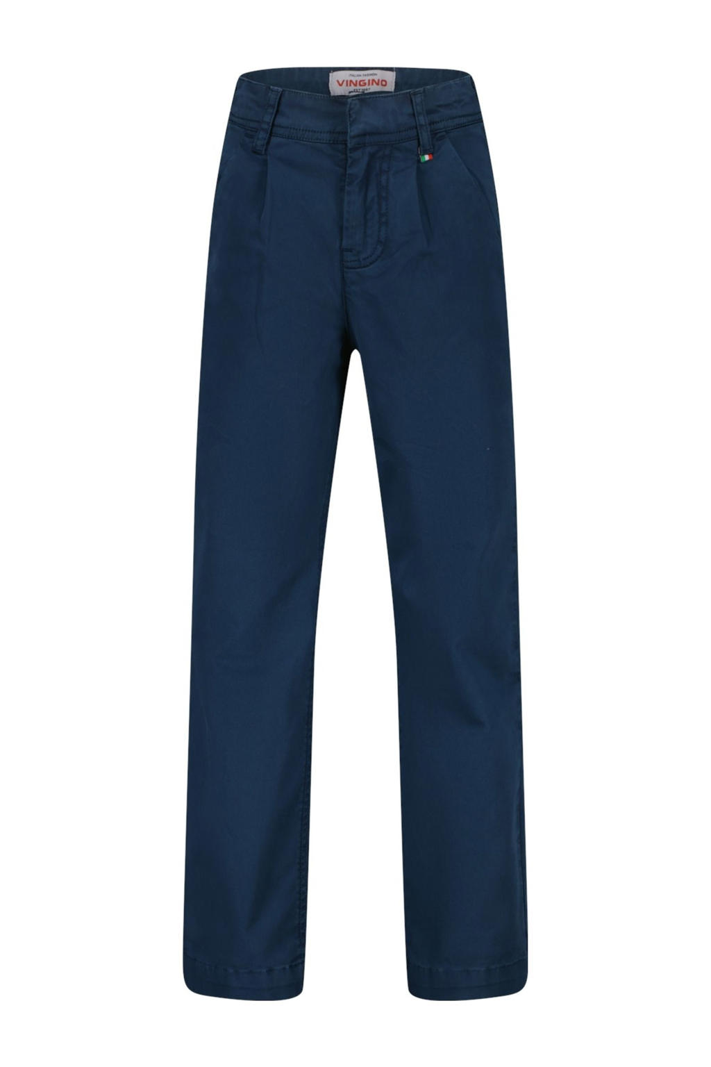 Donkerblauwe jongens Vingino straight casual broek van stretchkatoen met regular waist, rits- en knoopsluiting en effen