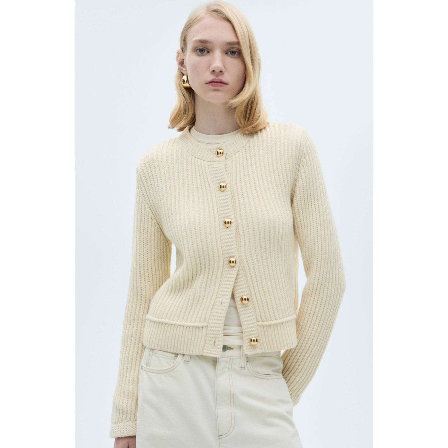 Mango vest ecru rib gebreid