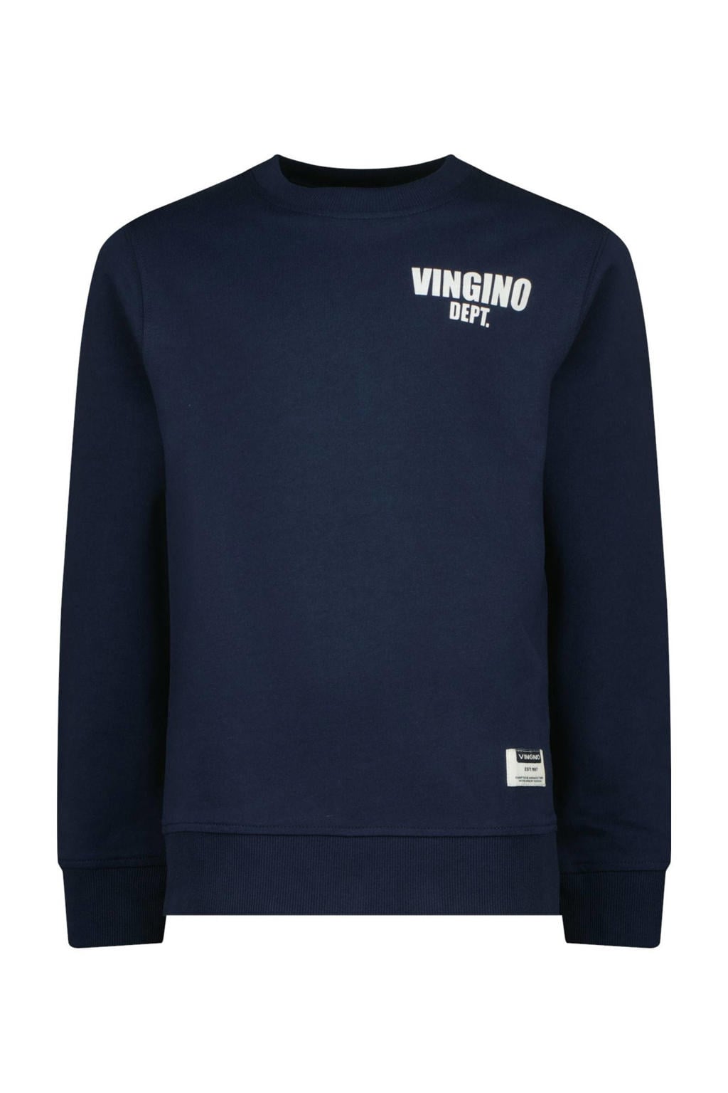 Donkerblauwe jongens Vingino sweater met backprint, lange mouwen, ronde hals en geribde boorden