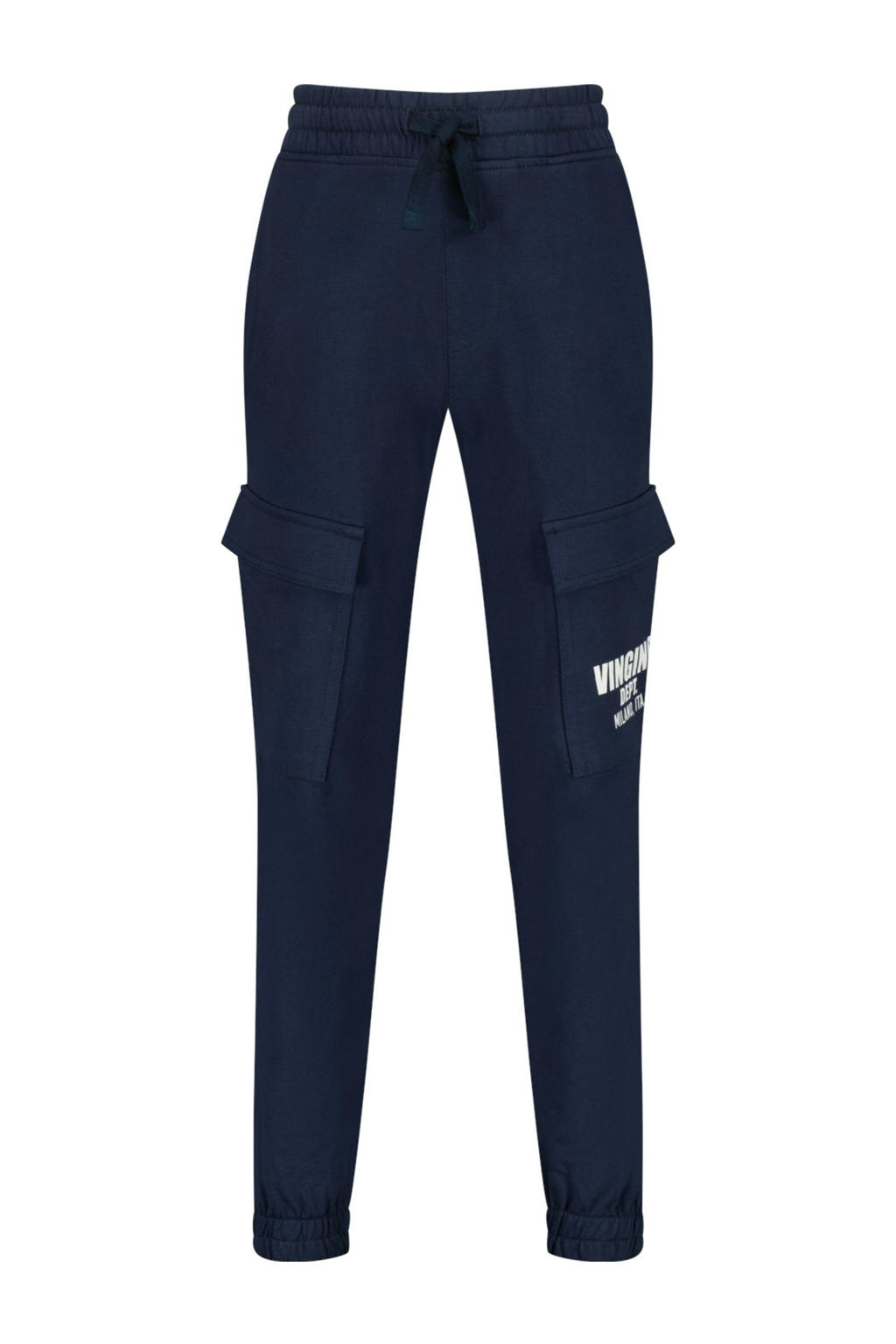 Donkerblauwe jongens Vingino regular cargo broek van sweat materiaal met elastische tailleband met koord en logo dessin