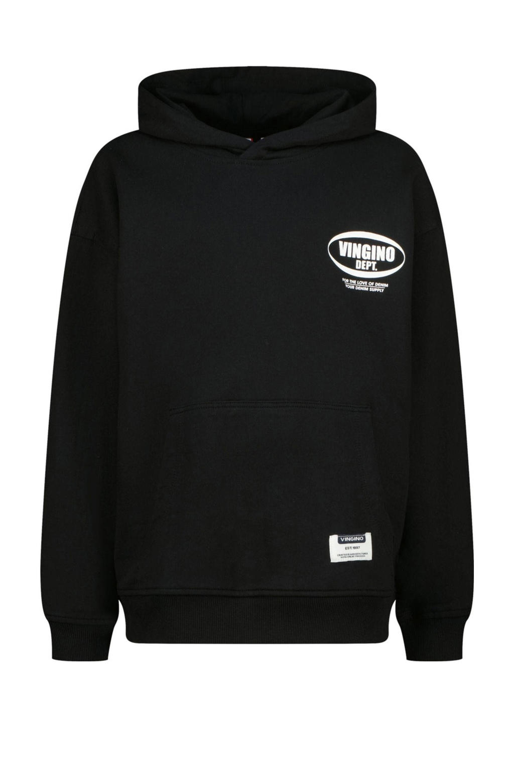 Zwarte jongens Vingino hoodie van sweat materiaal met logo dessin, lange mouwen en capuchon