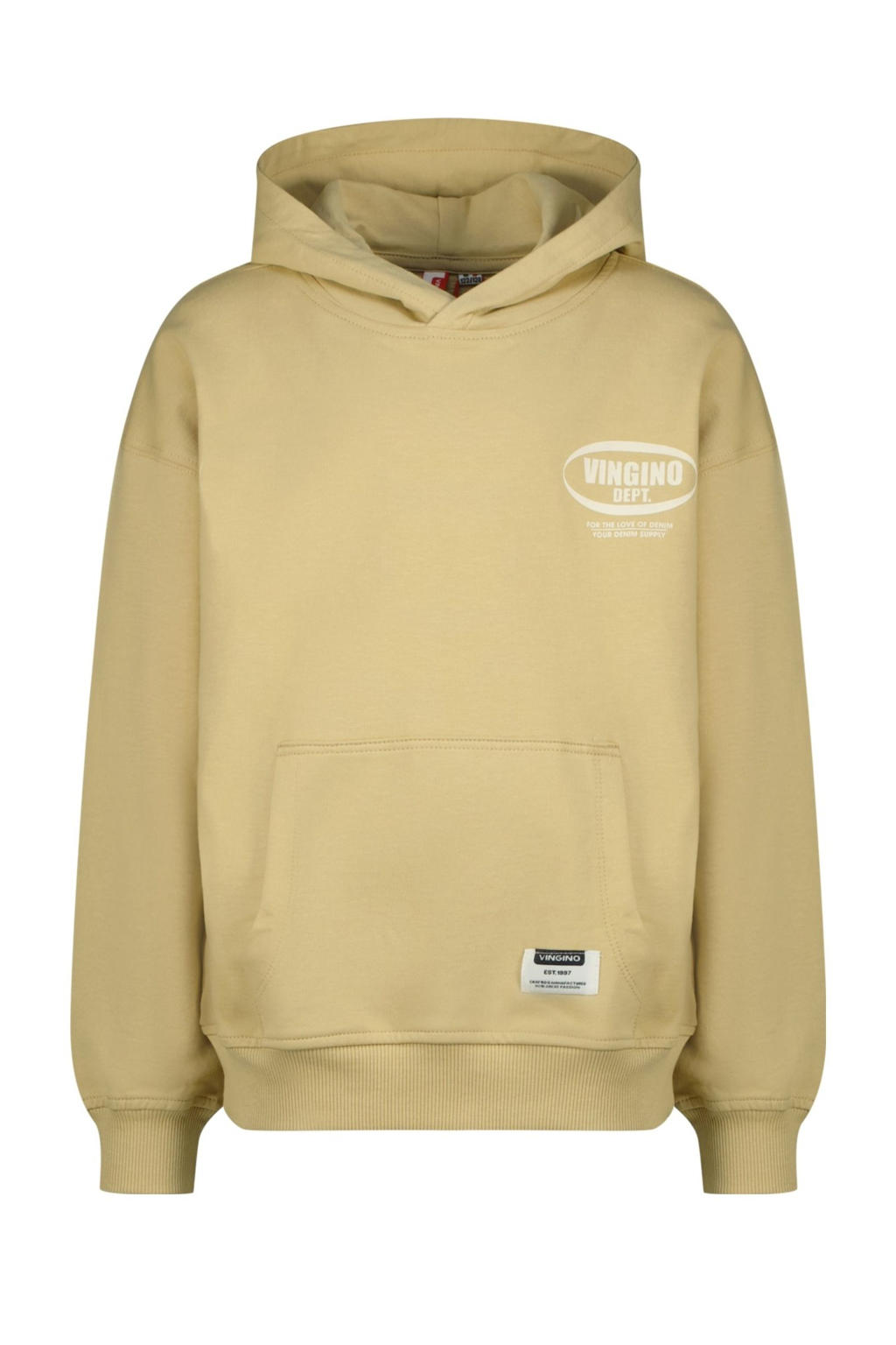 Beige jongens Vingino hoodie van sweat materiaal met logo dessin, lange mouwen en capuchon