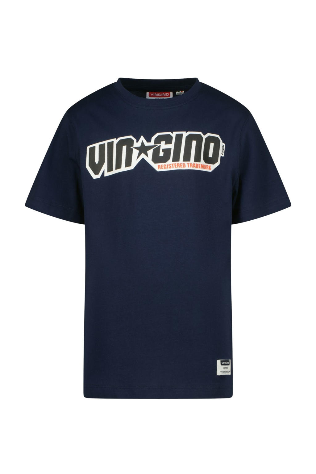 Donkerblauwe jongens Vingino T-shirt van katoen met logo dessin, korte mouwen en ronde hals