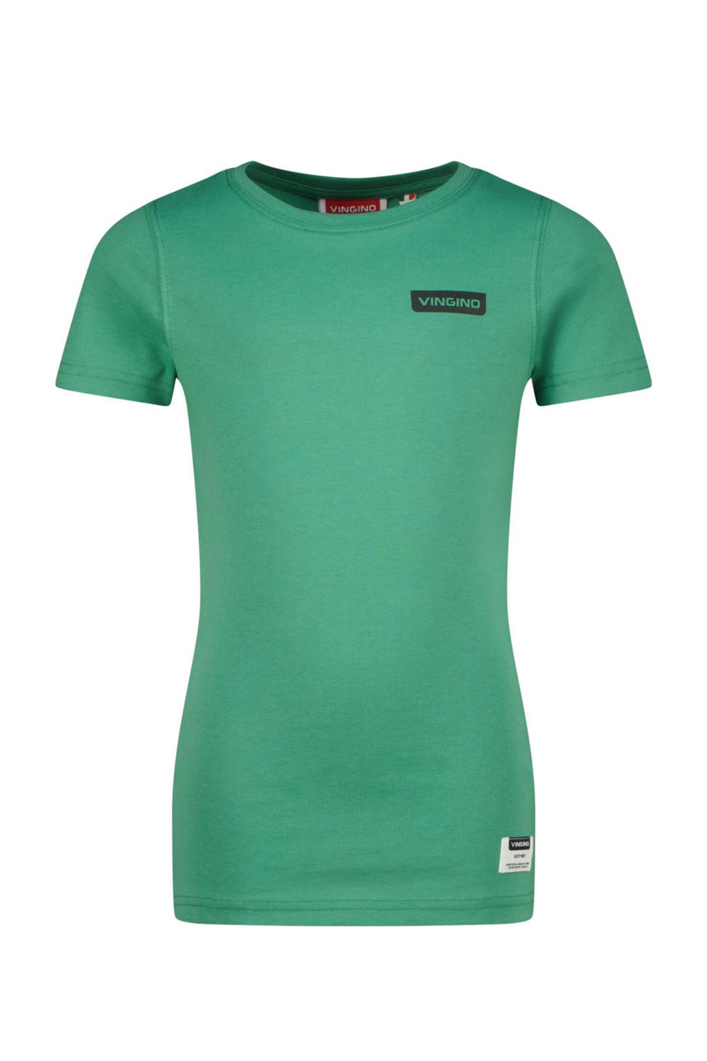 Groene jongens Vingino T-shirt van katoen met effen, korte mouwen en ronde hals