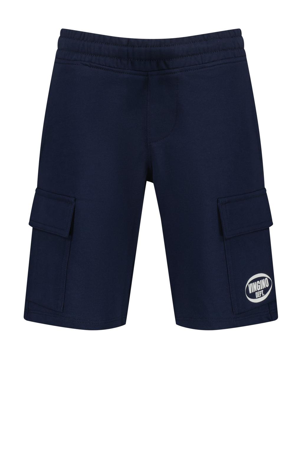 Donkerblauwe jongens Vingino relaxed sweatshort met regular waist, elastische tailleband met koord en logo dessin