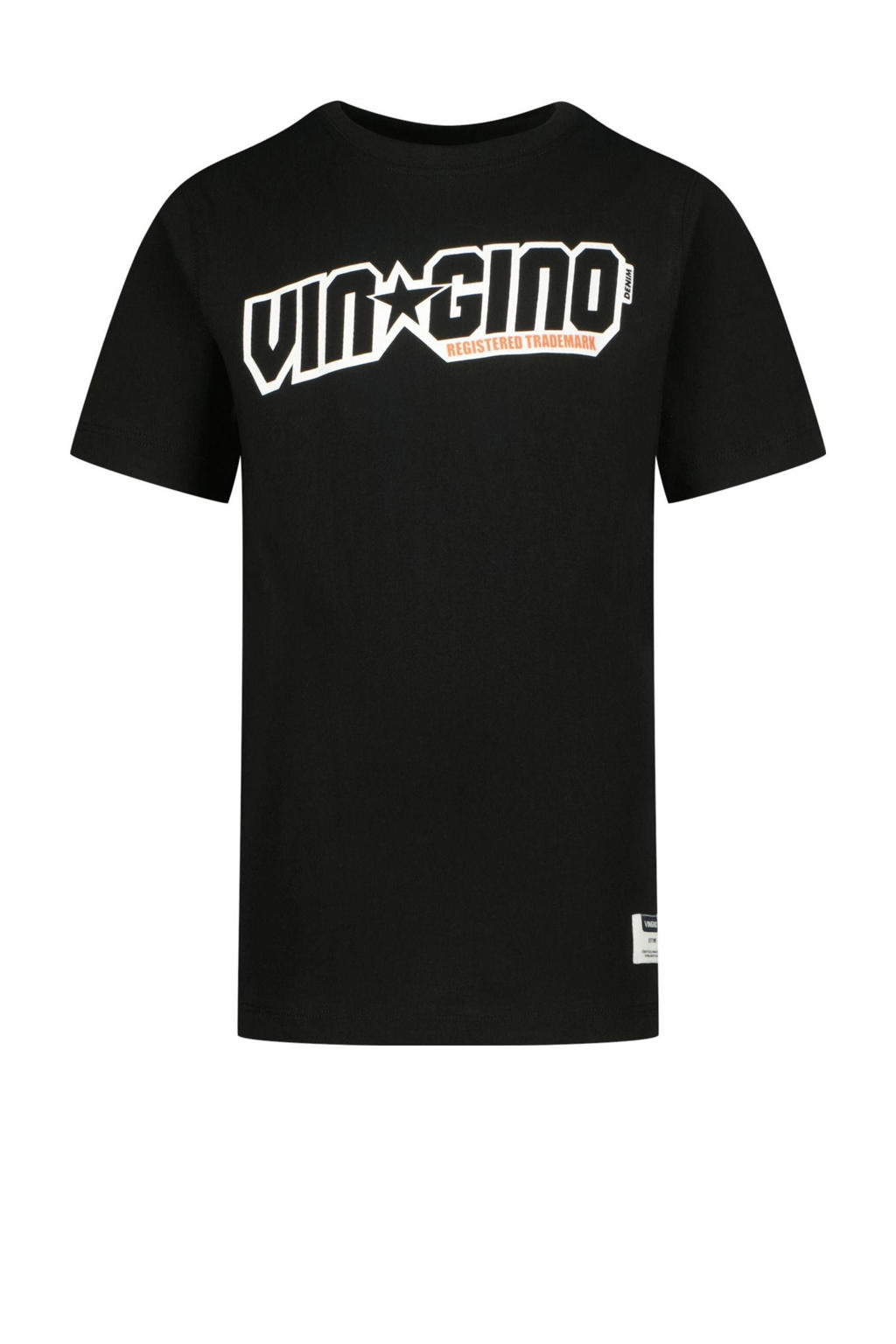 Zwarte jongens Vingino T-shirt van katoen met logo dessin, korte mouwen en ronde hals