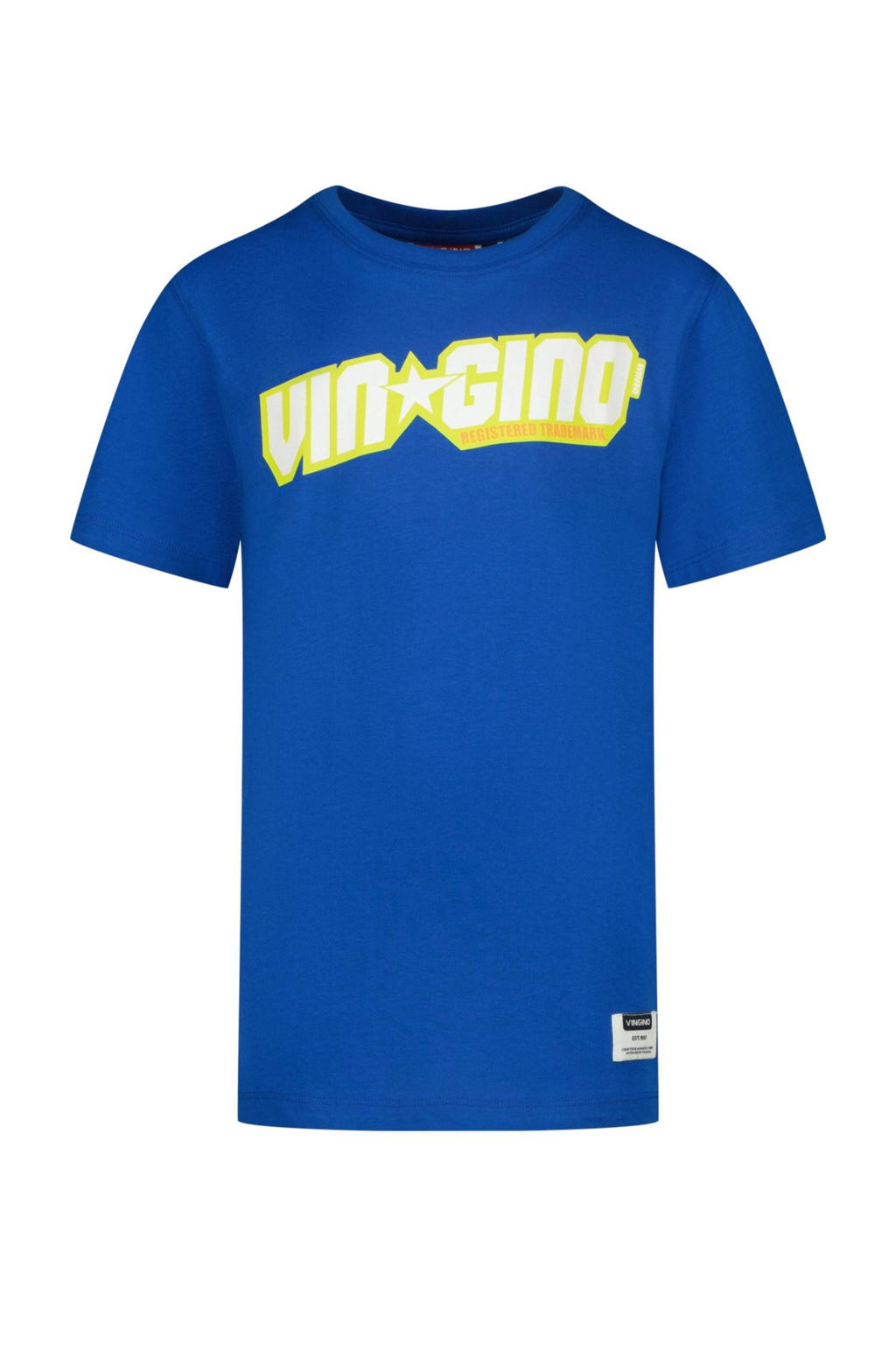 Blauwe jongens Vingino T-shirt van katoen met logo dessin, korte mouwen en ronde hals