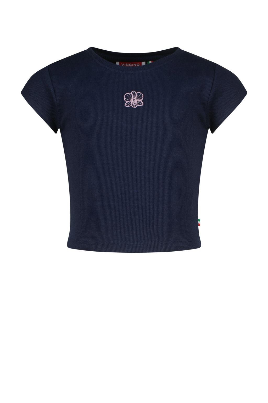 Donkerblauwe meisjes Vingino T-shirt van modal met effen, korte mouwen en ronde hals