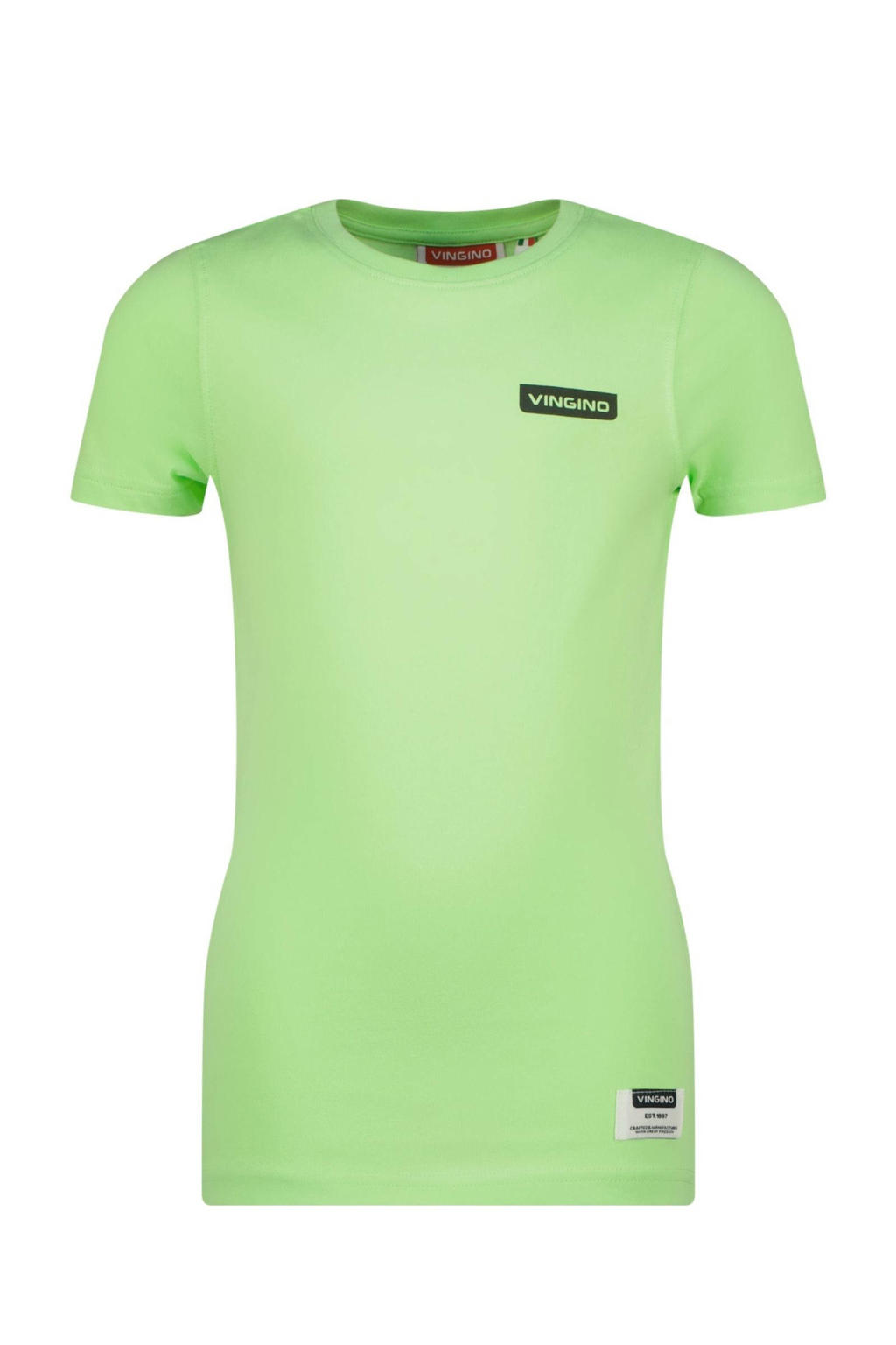 Groene jongens Vingino T-shirt van katoen met effen, korte mouwen en ronde hals