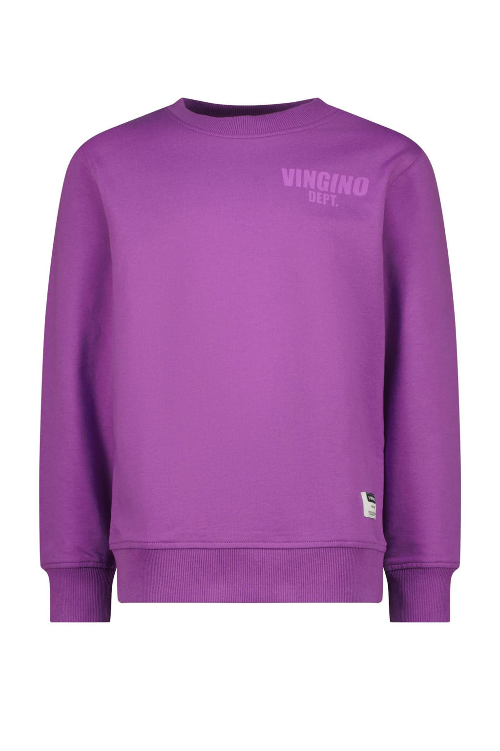Paarse jongens Vingino sweater met backprint, lange mouwen, ronde hals en geribde boorden