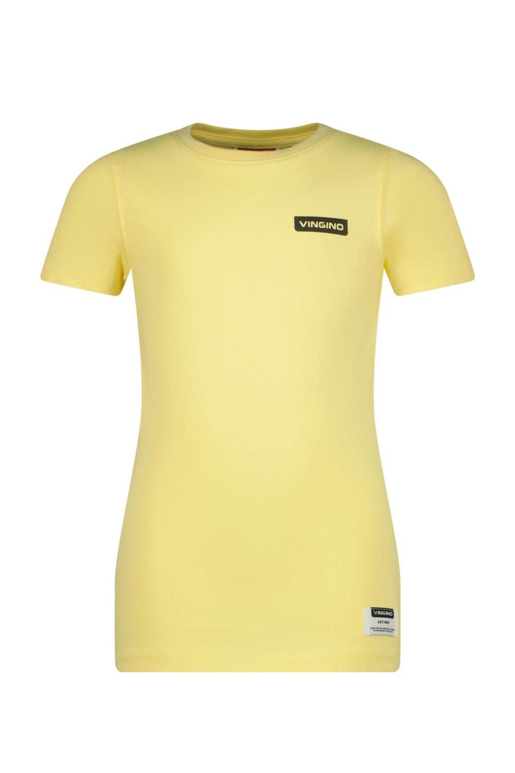 Gele jongens Vingino T-shirt van katoen met effen, korte mouwen en ronde hals