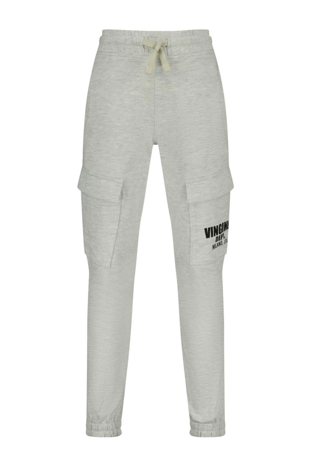 Grijs melange jongens Vingino regular cargo broek melange van sweat materiaal met elastische tailleband met koord en logo dessin