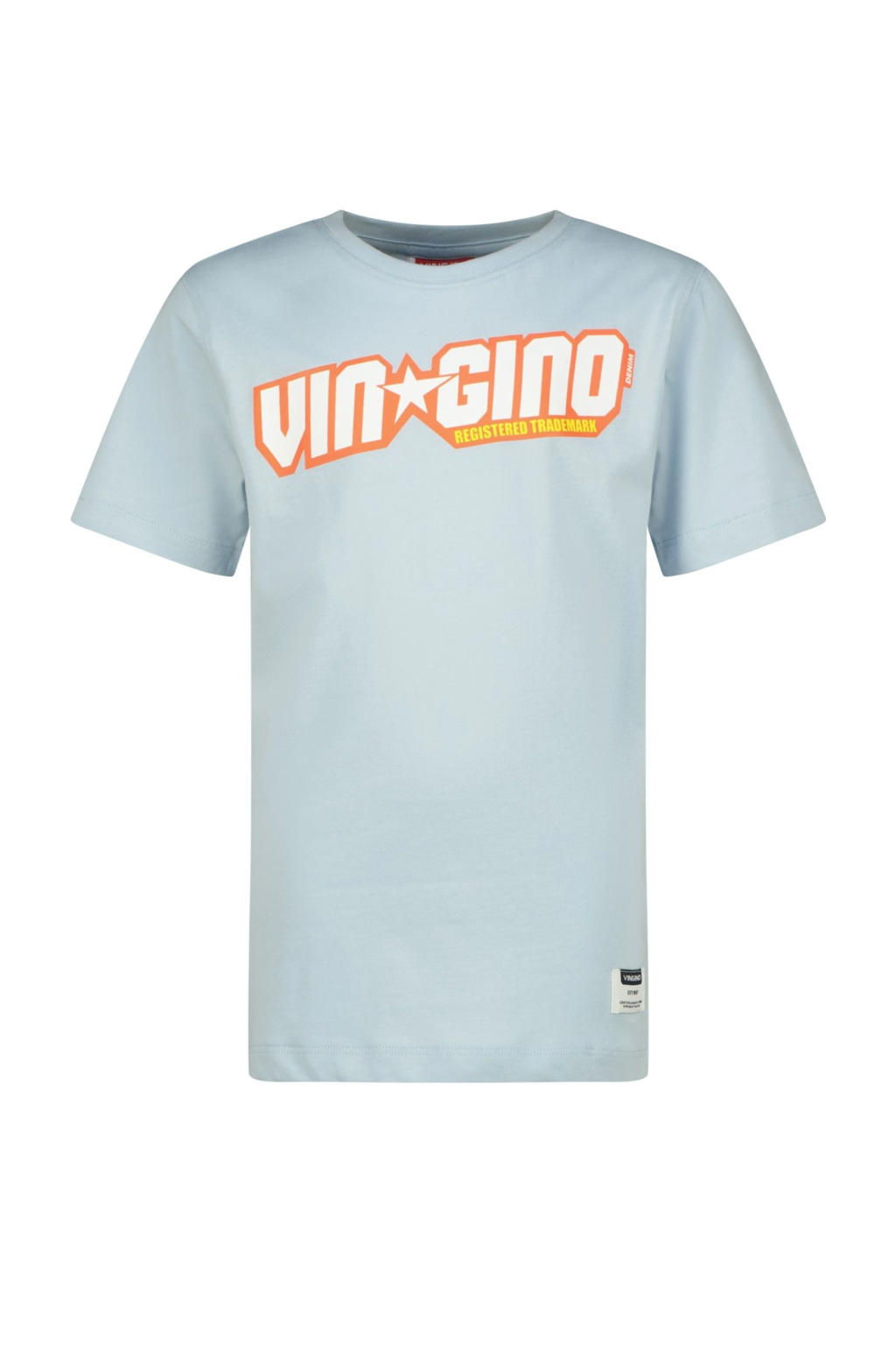 Lichtblauwe jongens Vingino T-shirt van katoen met logo dessin, korte mouwen en ronde hals