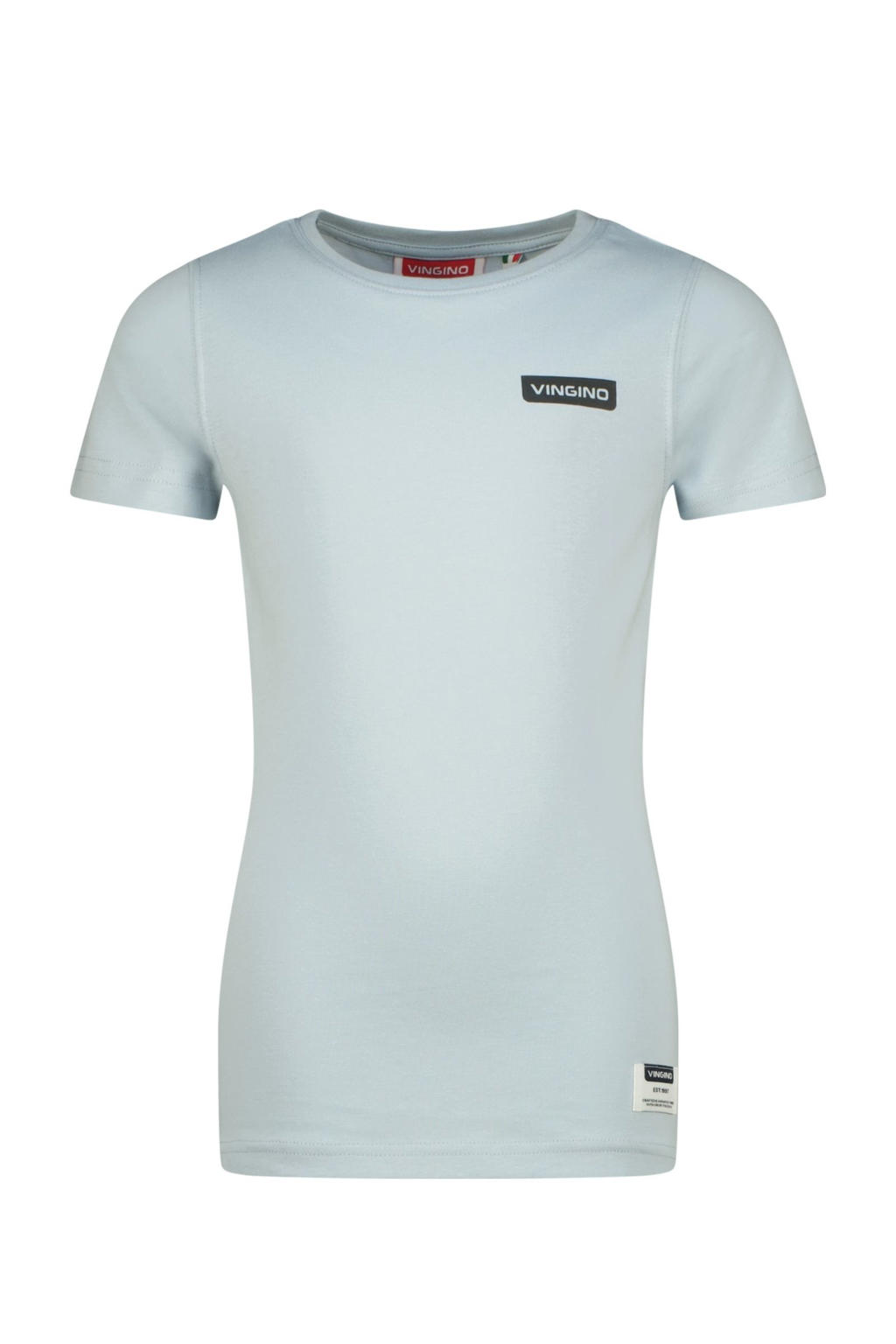 Lichtblauwe jongens Vingino T-shirt van katoen met effen, korte mouwen en ronde hals