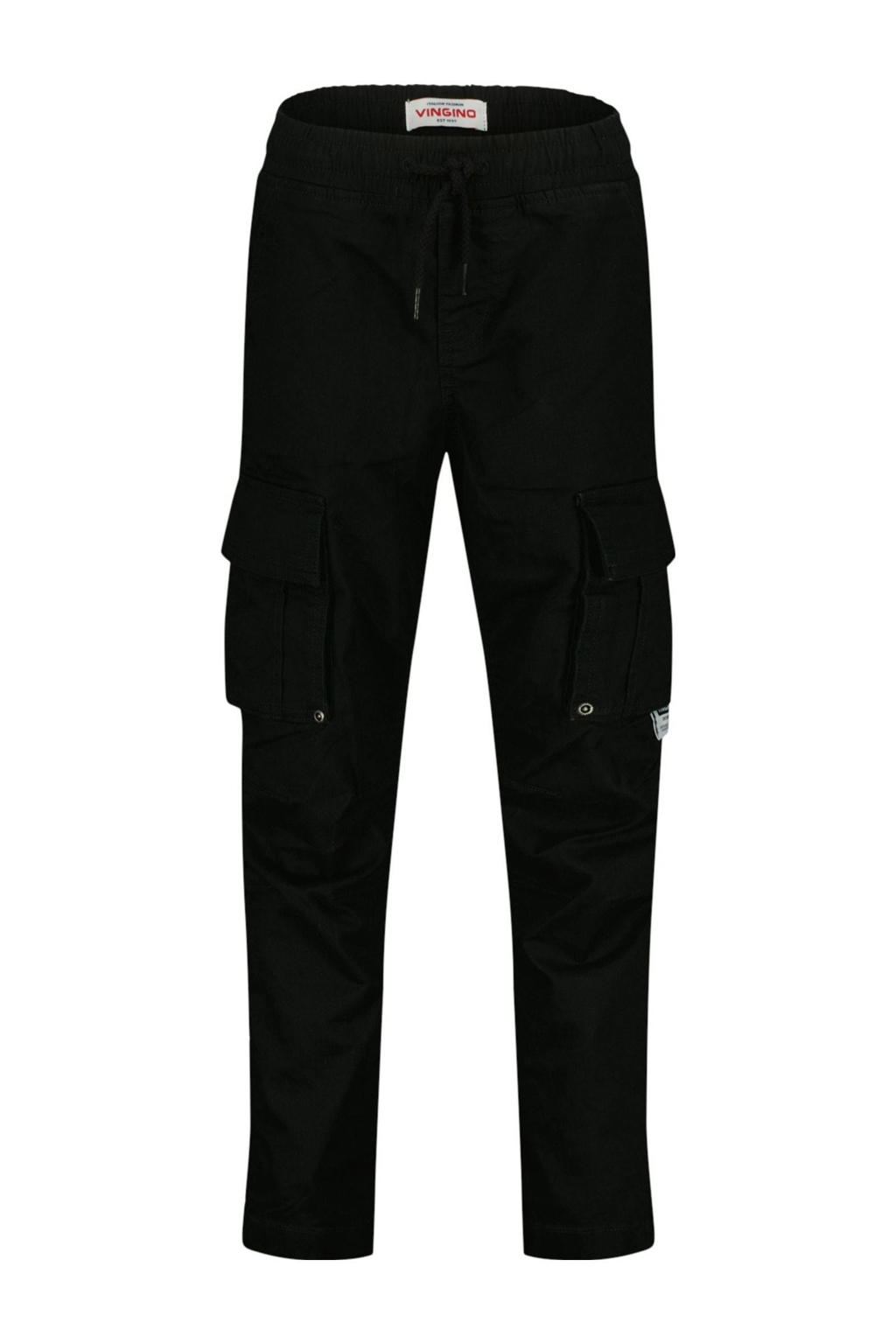 Zwarte jongens Vingino loose fit cargo broek van stretchkatoen met regular waist, elastische tailleband met koord en effen